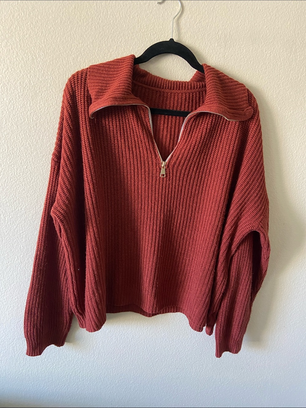 Relaxed Rust Half-Zip Ribbed Turtleneck Sweater